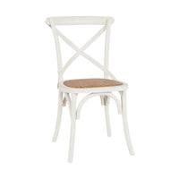 The Provincial Cross Back Dining Chair Vintage White features an X-shaped backrest and woven rattan seat, displayed against a plain background.