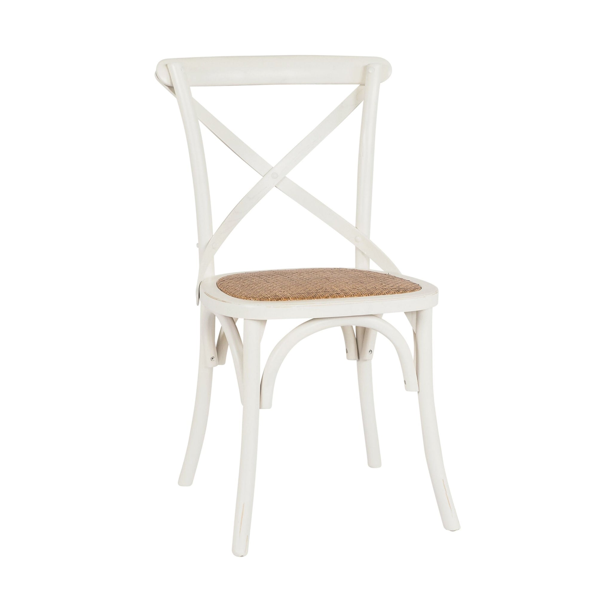 The Provincial Cross Back Dining Chair Vintage White features an X-shaped backrest and woven rattan seat, displayed against a plain background.