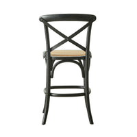 The Provincial Cross Back Dining Stool Black exemplifies Parisian chic with its X-shaped backrest and woven rattan seat, offering an elegant view from the rear.