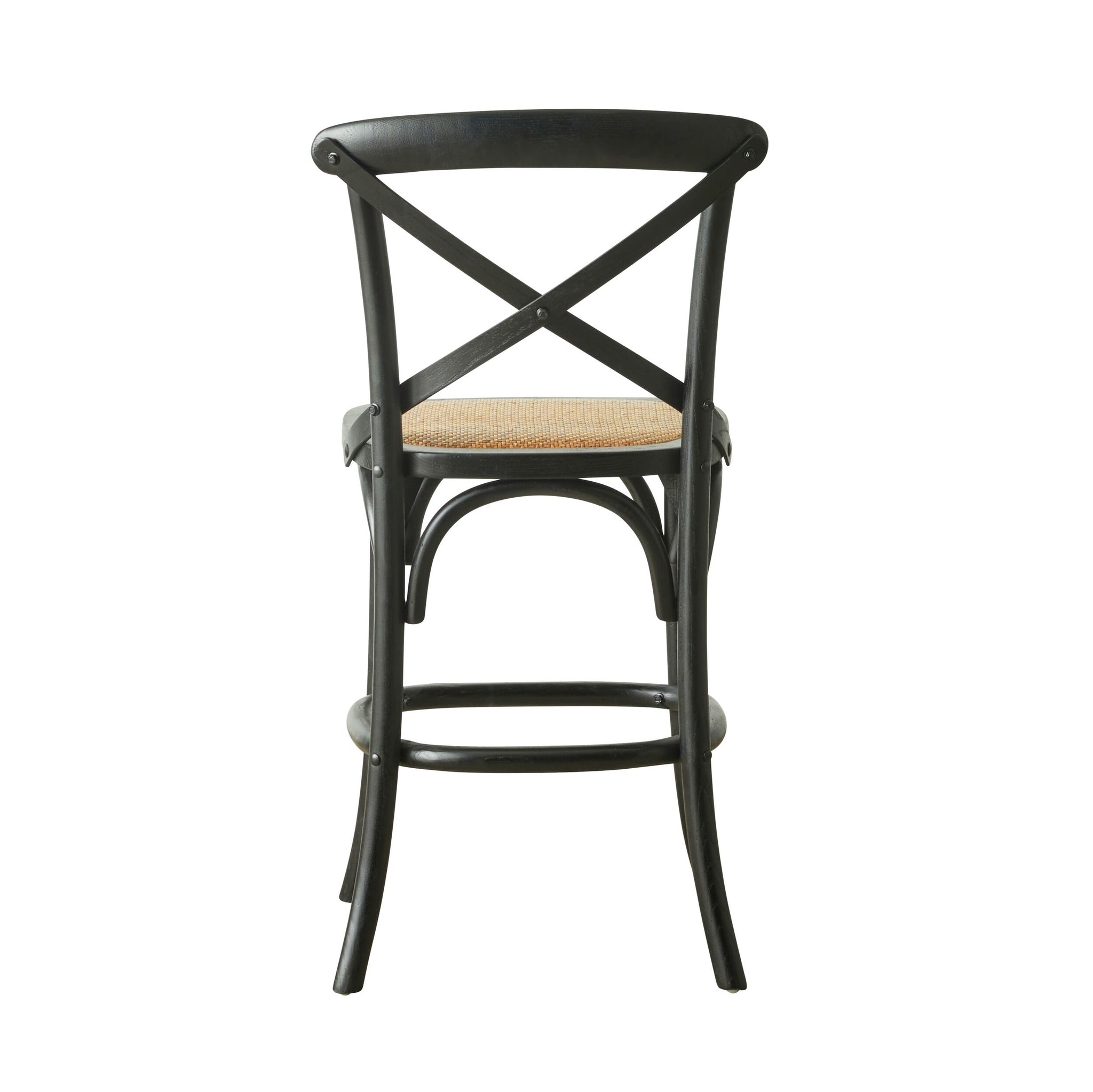 The Provincial Cross Back Dining Stool Black exemplifies Parisian chic with its X-shaped backrest and woven rattan seat, offering an elegant view from the rear.