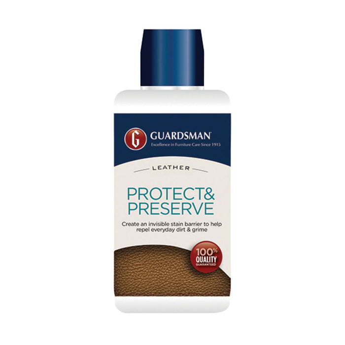 A 250ml bottle of Guardsman Leather Protector with a blue cap and label, offering stain resistance for furniture care, and marked with a 100% quality seal.