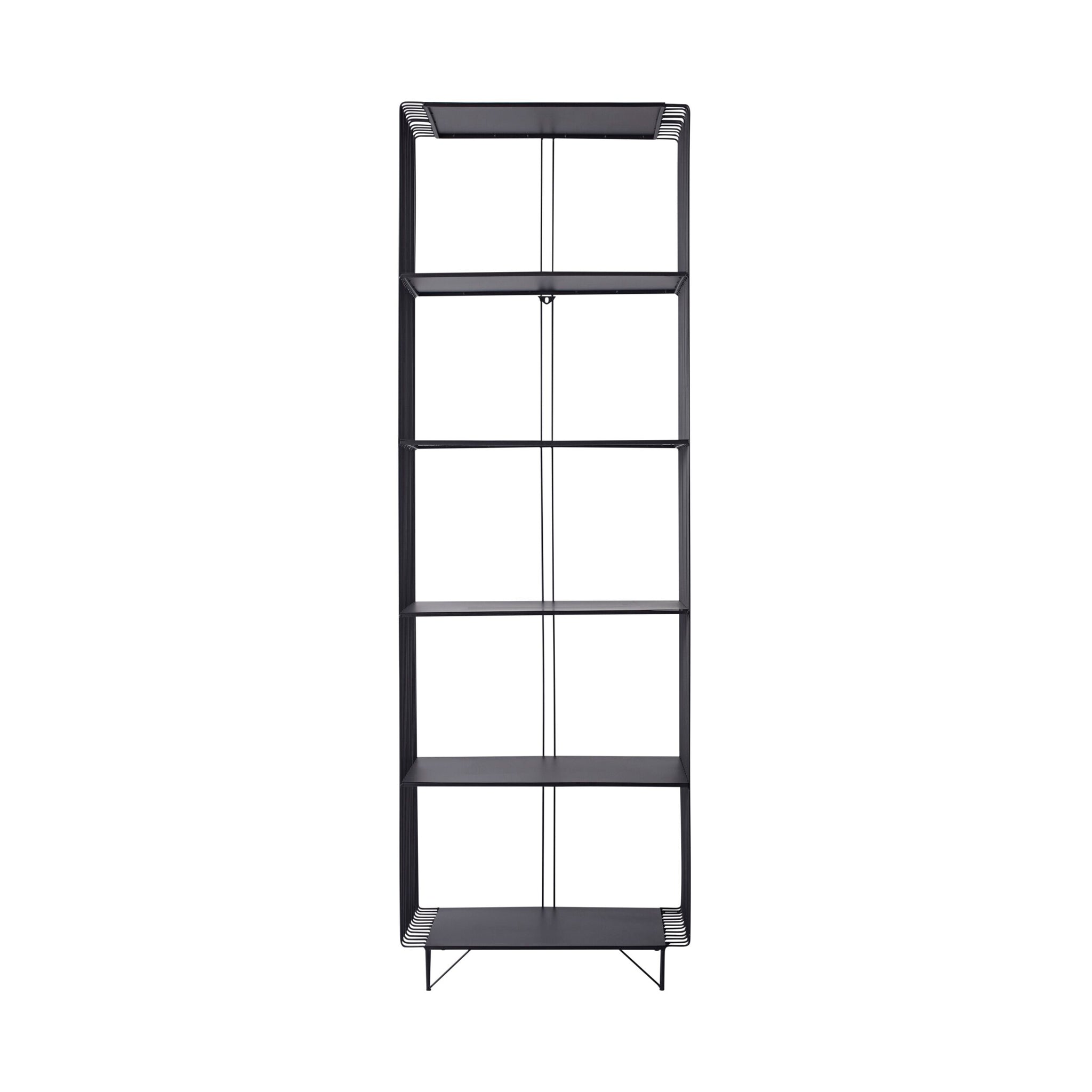 The Hendrix 5 Tier Tall Shelving Unit (182.5 x 60cm) is a modern piece crafted from powder-coated iron, featuring five shelves and a minimalist design with sleek, angled legs in black metal.