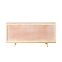 The Deva 4 Door Buffet (170 x 80 x 43cm) features a modern design with a light white washed mango wood frame, blush pink front panels, and gold metal legs, shown against a white background.