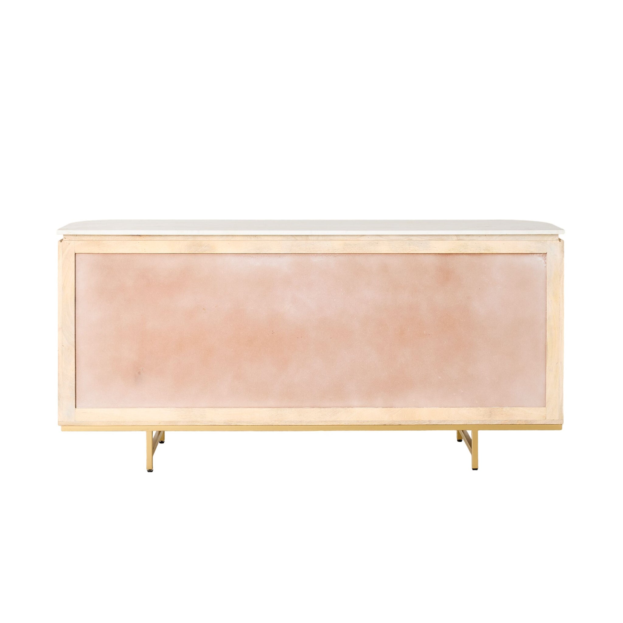 The Deva 4 Door Buffet (170 x 80 x 43cm) features a modern design with a light white washed mango wood frame, blush pink front panels, and gold metal legs, shown against a white background.