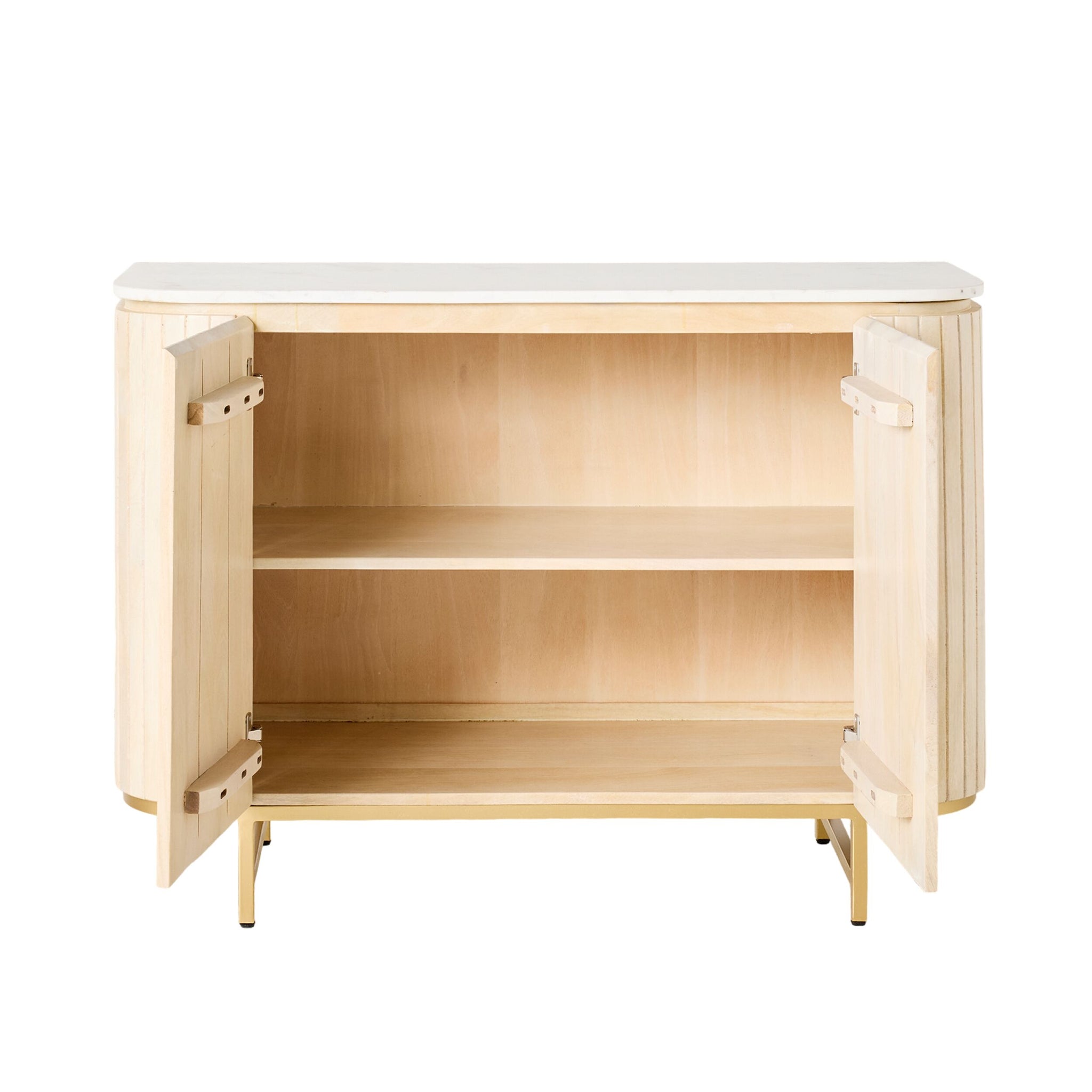The Deva 2 Door Buffet 114 x 80 x 43cm showcases a whitewashed mango wood frame with two open doors that reveal spacious shelves. This elegant cabinet stands on four legs, adding both style and functionality to any room.