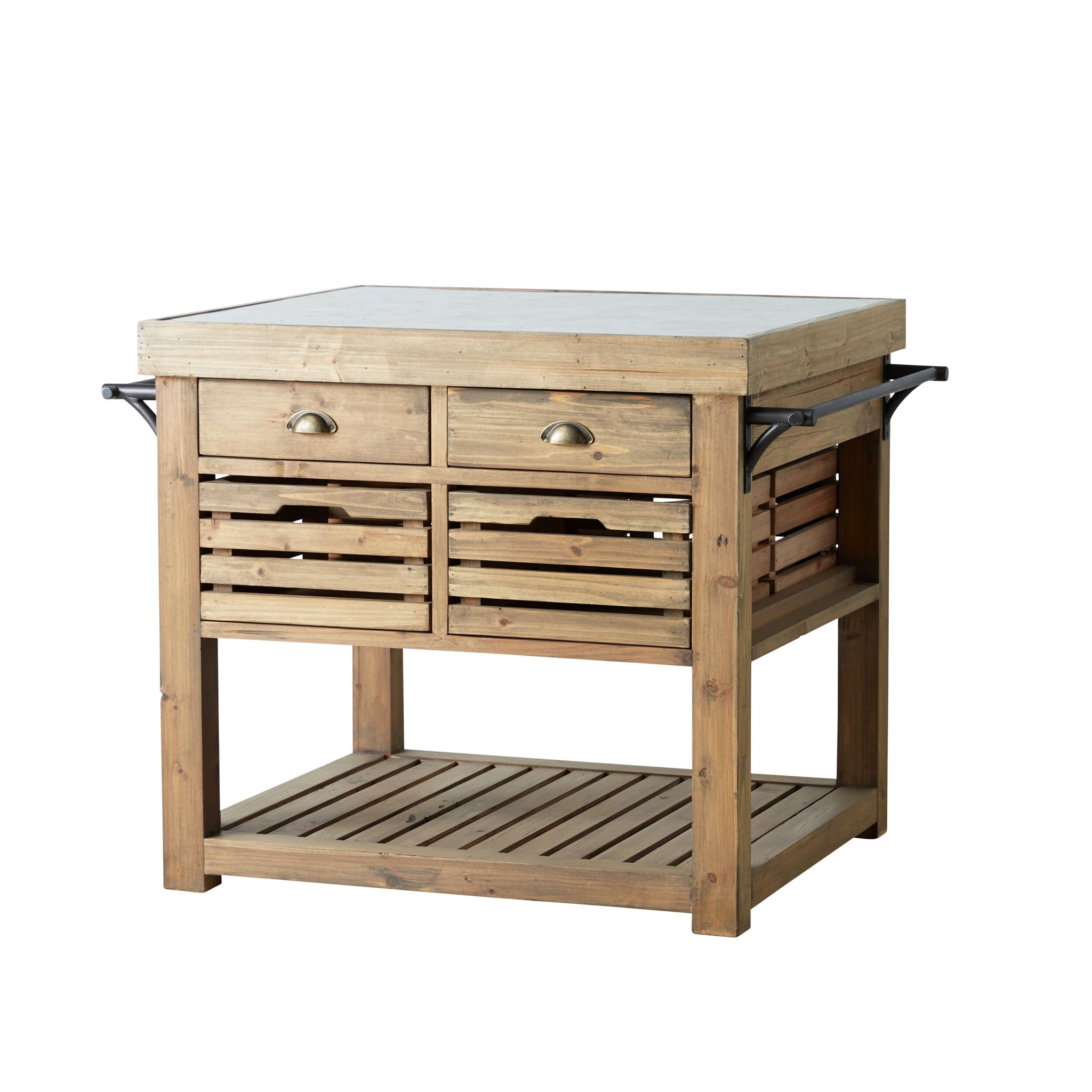 The Carter 2 Drawer Island Bench features a rustic wooden design with a flat top, two drawers with metal handles, two slatted front storage bins, side towel bars, and a slatted lower shelf.