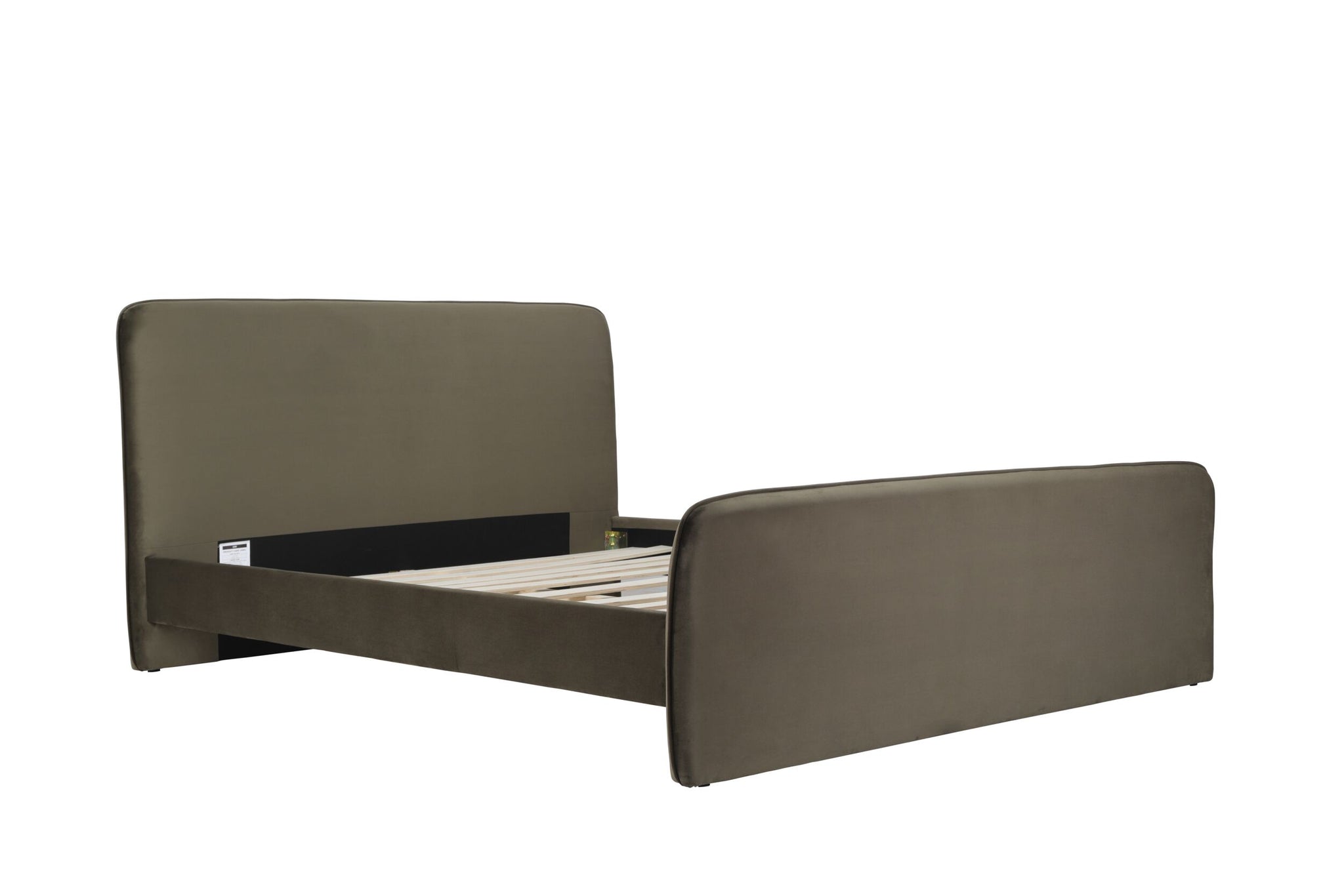 The Audrey King Bed in moss green velvet features a stunning high headboard, low footboard, and wooden slats to support your mattress.