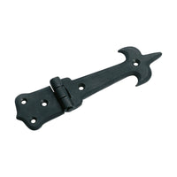 The 3789 Cabinet Hinge, named Iron French, features a matte black finish and measures H38xL94xW50mm. It includes a decorative end design with four screw holes on each leaf, all displayed against a white background.