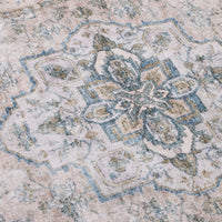The Manisa Washable Runner 80x200cm features a faded Persian-style design with intricate geometric and floral patterns in muted blue, beige, and green tones, and has a 7mm pile height.