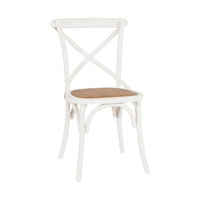 The Provincial Cross Back Dining Chair in Crisp White showcases a classic X-back design and a woven rattan seat, capturing the timeless elegance of French Provincial chairs.