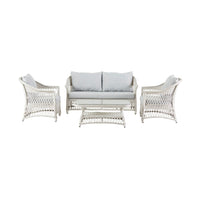 The Catalina 4 Piece Sofa Set offers an elegant outdoor experience with durable all-weather wicker. It includes two armchairs, a sofa, and a rectangular coffee table, all featuring light blue moisture-resistant cushions on a white backdrop.