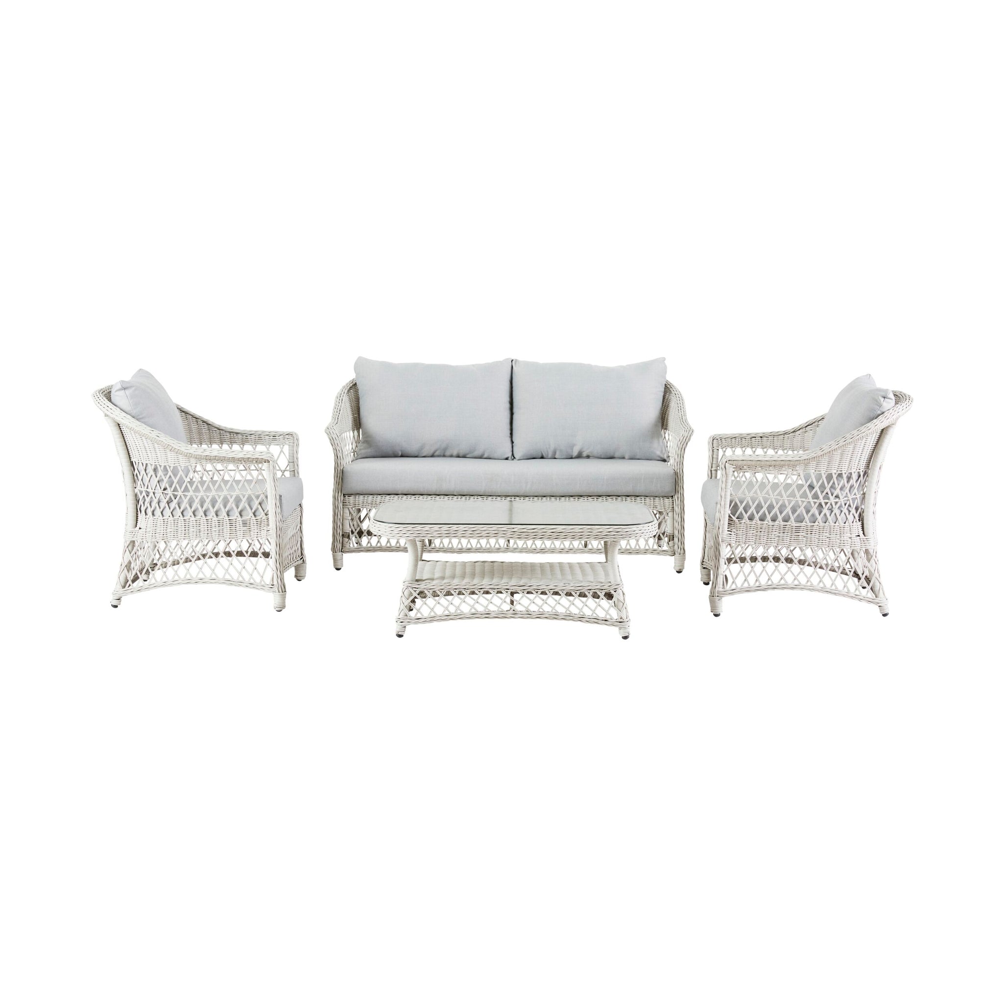 The Catalina 4 Piece Sofa Set offers an elegant outdoor experience with durable all-weather wicker. It includes two armchairs, a sofa, and a rectangular coffee table, all featuring light blue moisture-resistant cushions on a white backdrop.