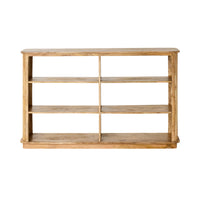 The Brompton Bookcase Low is a rectangular wooden bookshelf with six open shelves in a natural light mango wood finish, shown against a white background.