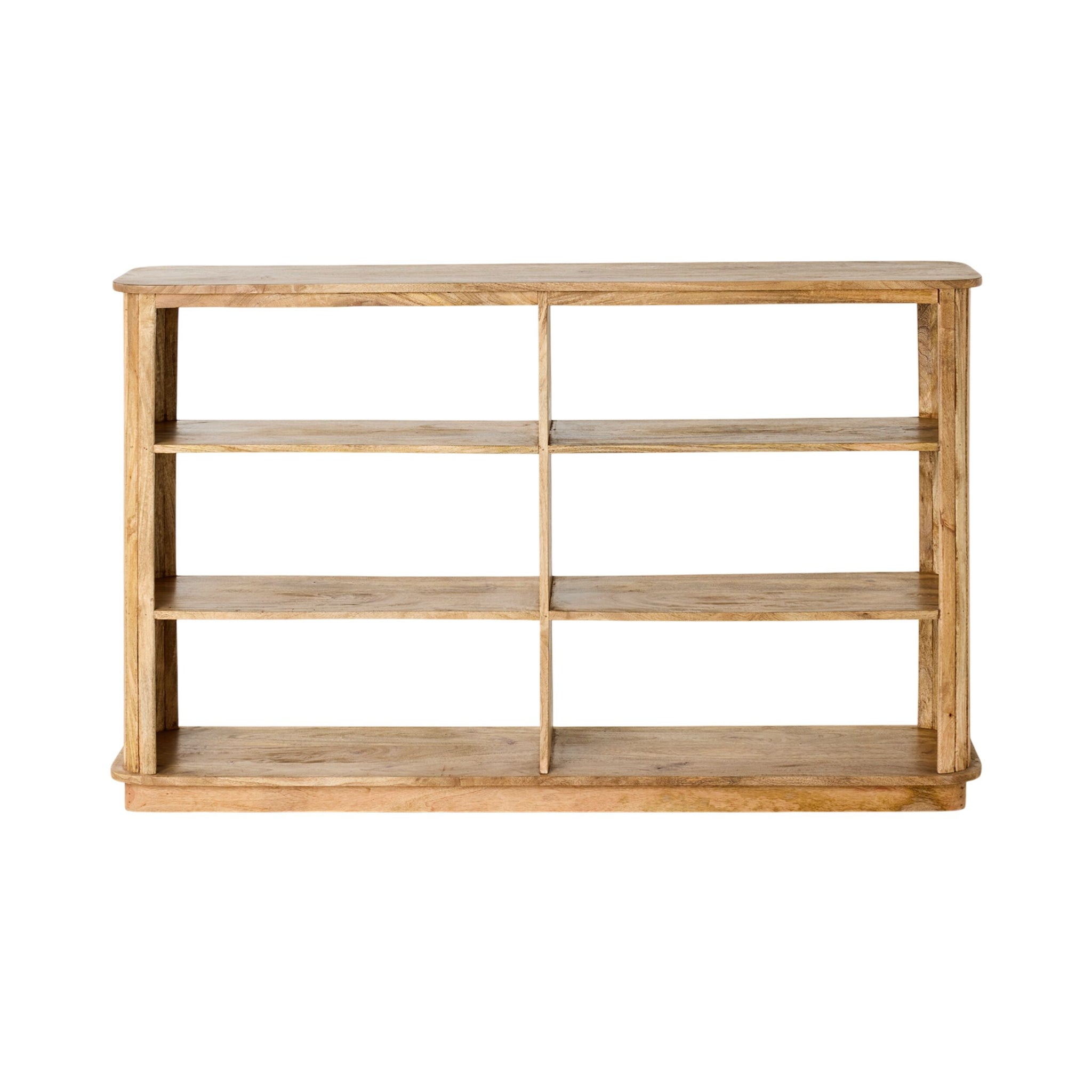 The Brompton Bookcase Low is a rectangular wooden bookshelf with six open shelves in a natural light mango wood finish, shown against a white background.