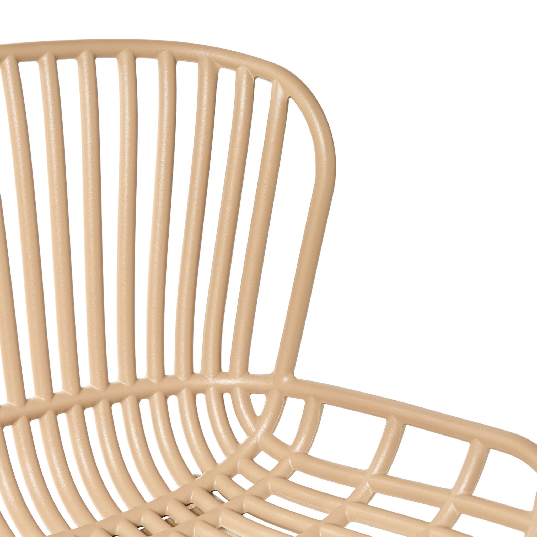 Close-up of the taupe, slatted backrest and seat of the Lini Dining Chair. Made from UV-stabilised polypropylene with a grid pattern, it ensures excellent all-weather resistance.