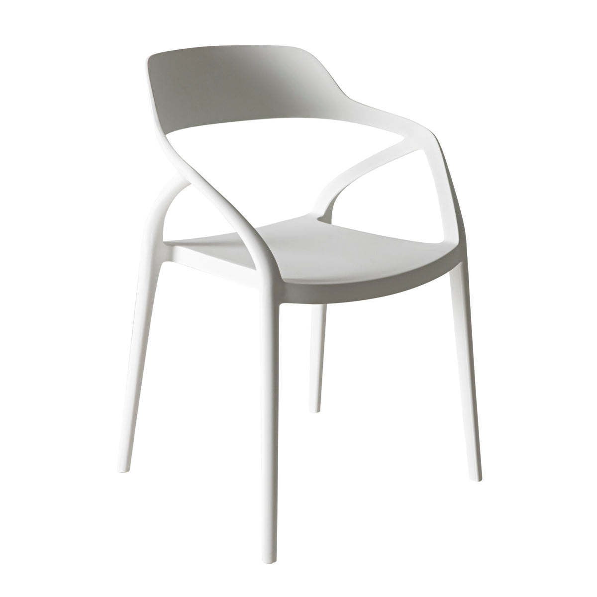 The Inigo Outdoor Dining Chair in white, part of the Kace Dining Table 300cm White with 8-chair package, boasts a modern design with a curved backrest and armrests, ideal for alfresco entertaining.