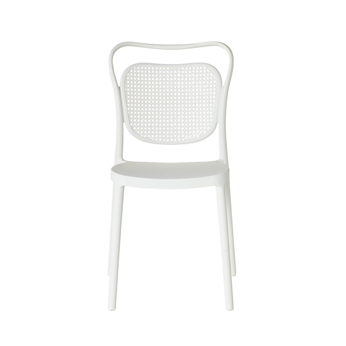 The Frankie Dining Chair White features a curved perforated backrest, made from durable polypropylene and is shown against a plain white background.