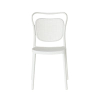 The Frankie Dining Chair White features a curved perforated backrest, made from durable polypropylene and is shown against a plain white background.