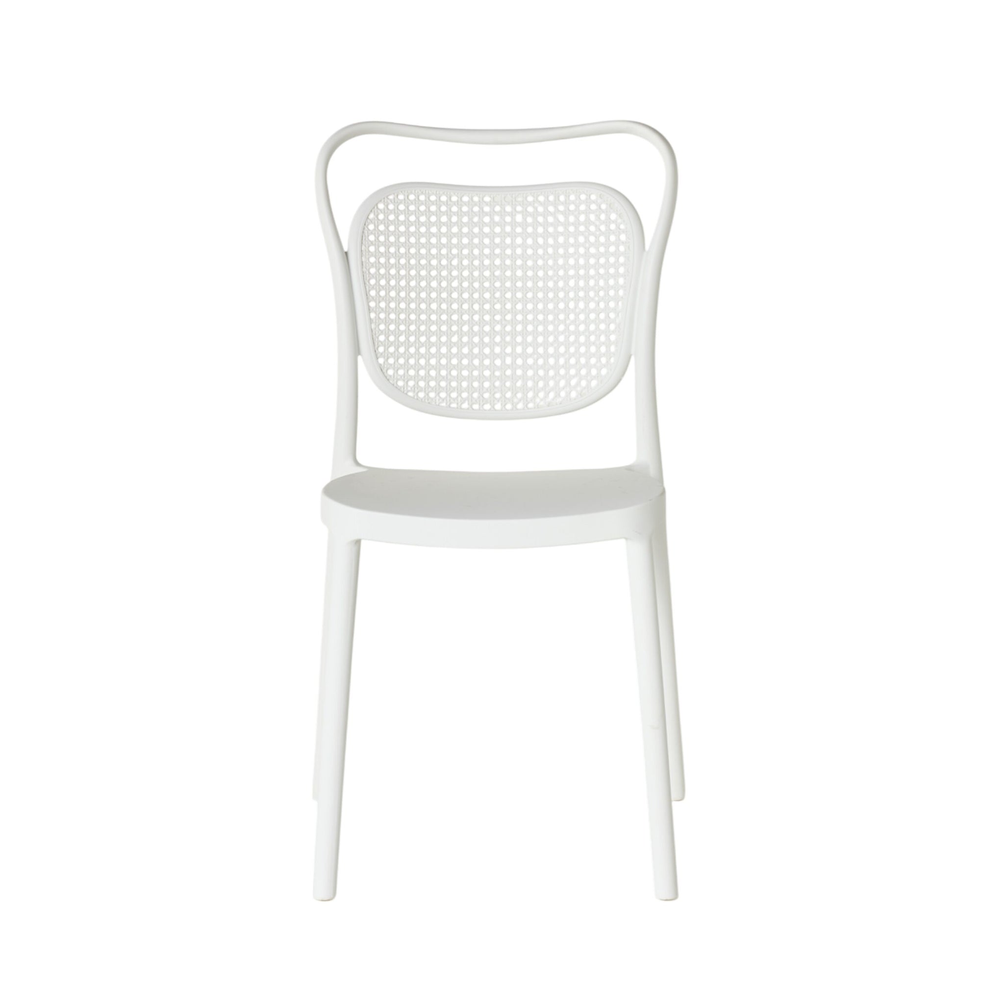 The Frankie Dining Chair White features a curved perforated backrest, made from durable polypropylene and is shown against a plain white background.
