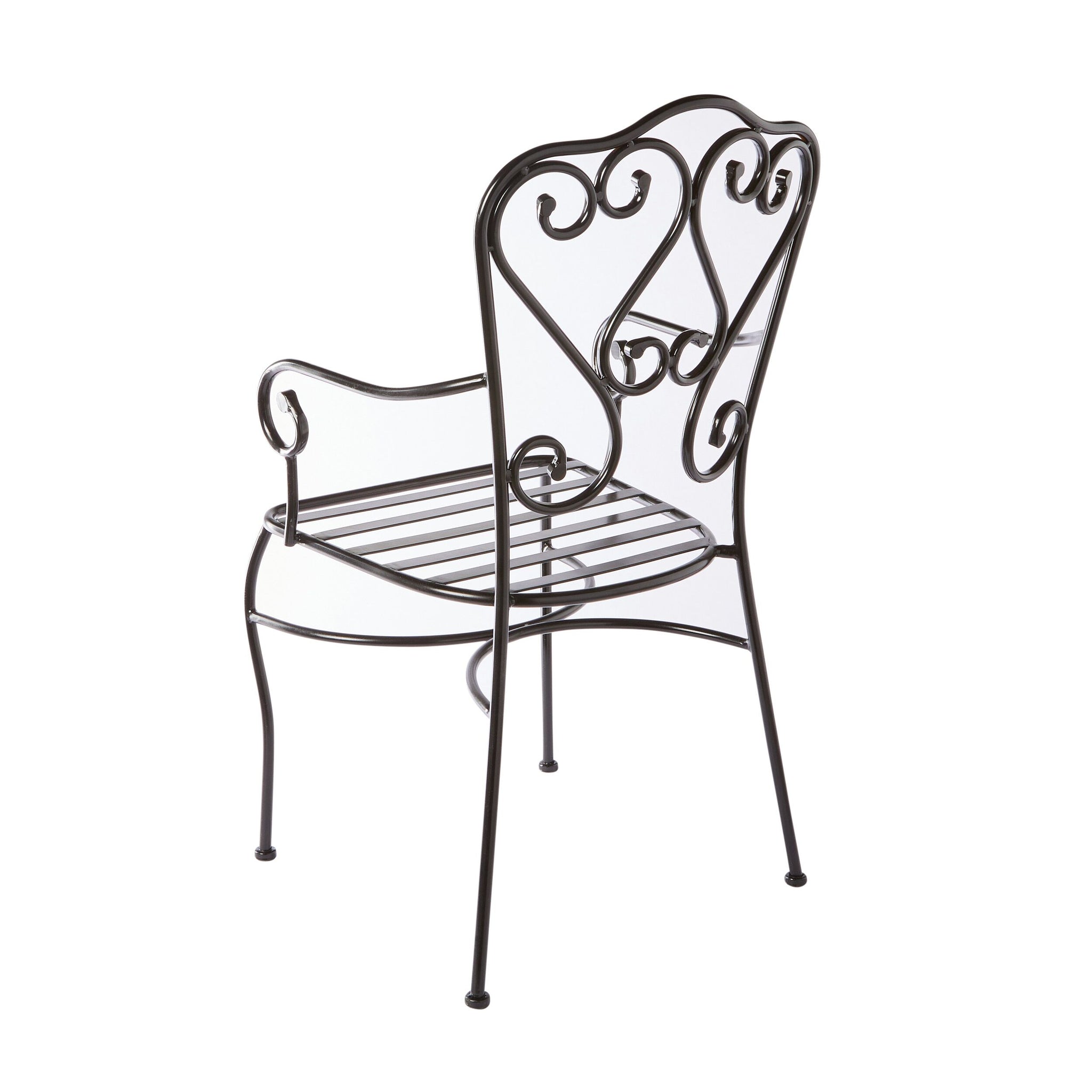 The Manette Outdoor Dining Chair Black M2 features decorative scrollwork on the backrest and armrests, a durable powder-coated finish, and is shown angled away.