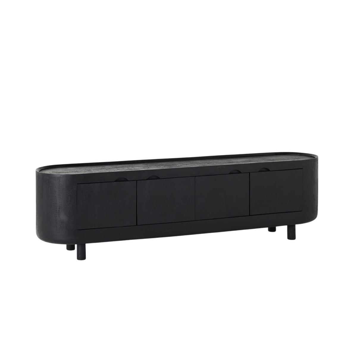 The Aurora Entertainment Unit Black is a sleek sideboard with a black sandblasted finish, rounded edges, and short legs. It features four cabinet doors ideal for media storage.