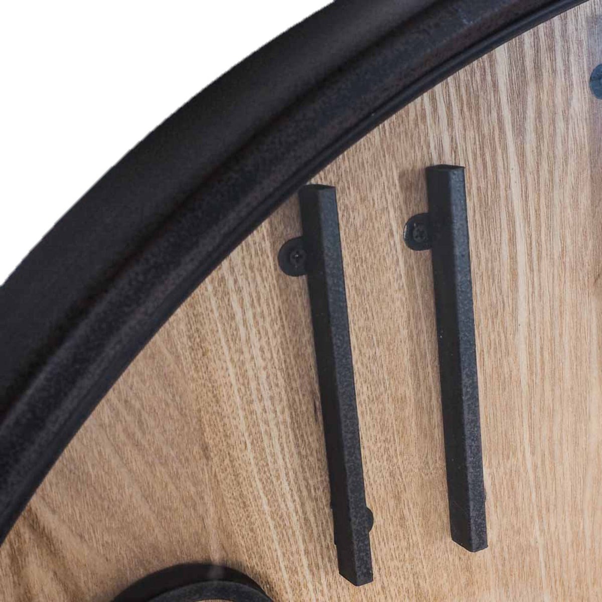 Close-up of a BeyondTime Grain Number Clock 67cm wooden face exuding rustic charm, with black metal hour marks and a glimpse of the black clock frame.