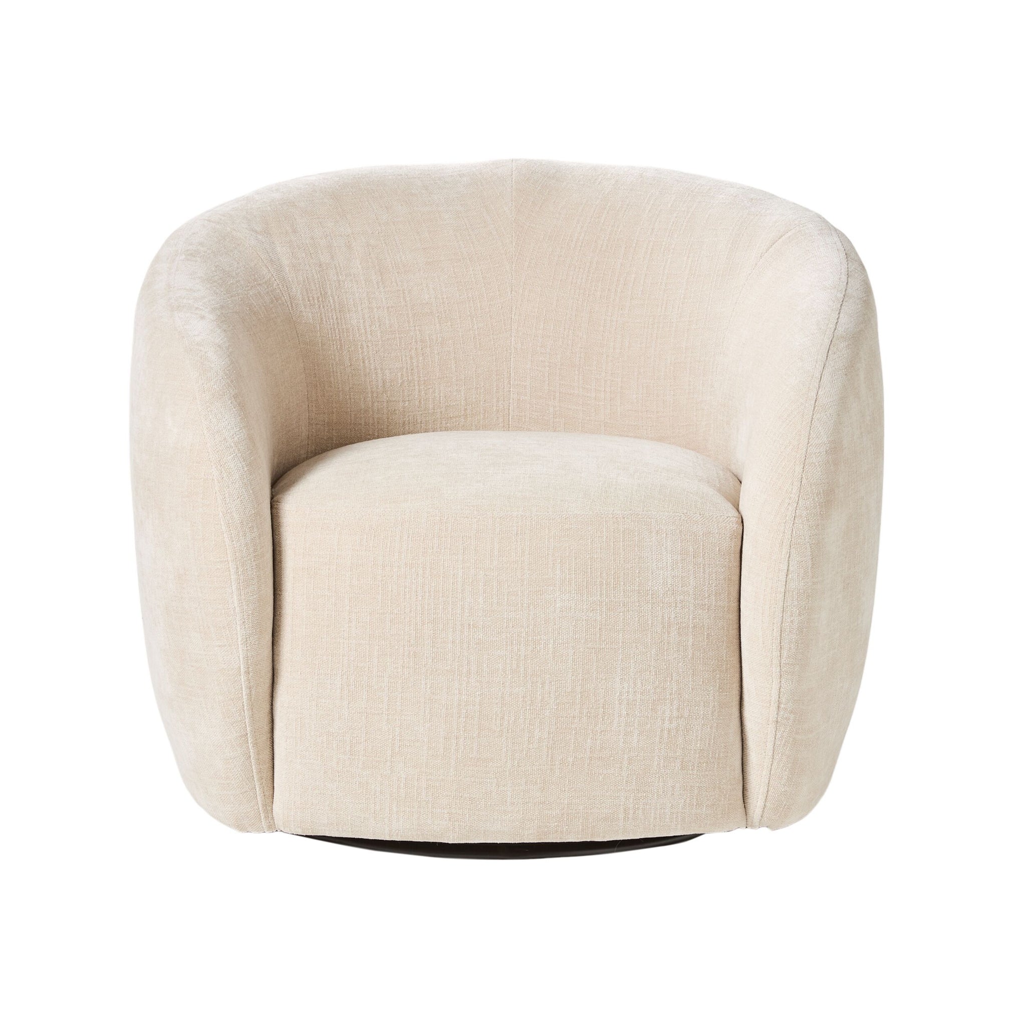 The Alessa Swivel Armchair Oasis Dune showcases a beige, rounded design with chenille upholstery, providing a soft texture and slightly reclined backrest on a flat base—ideal for enhancing any home decor from the front view.