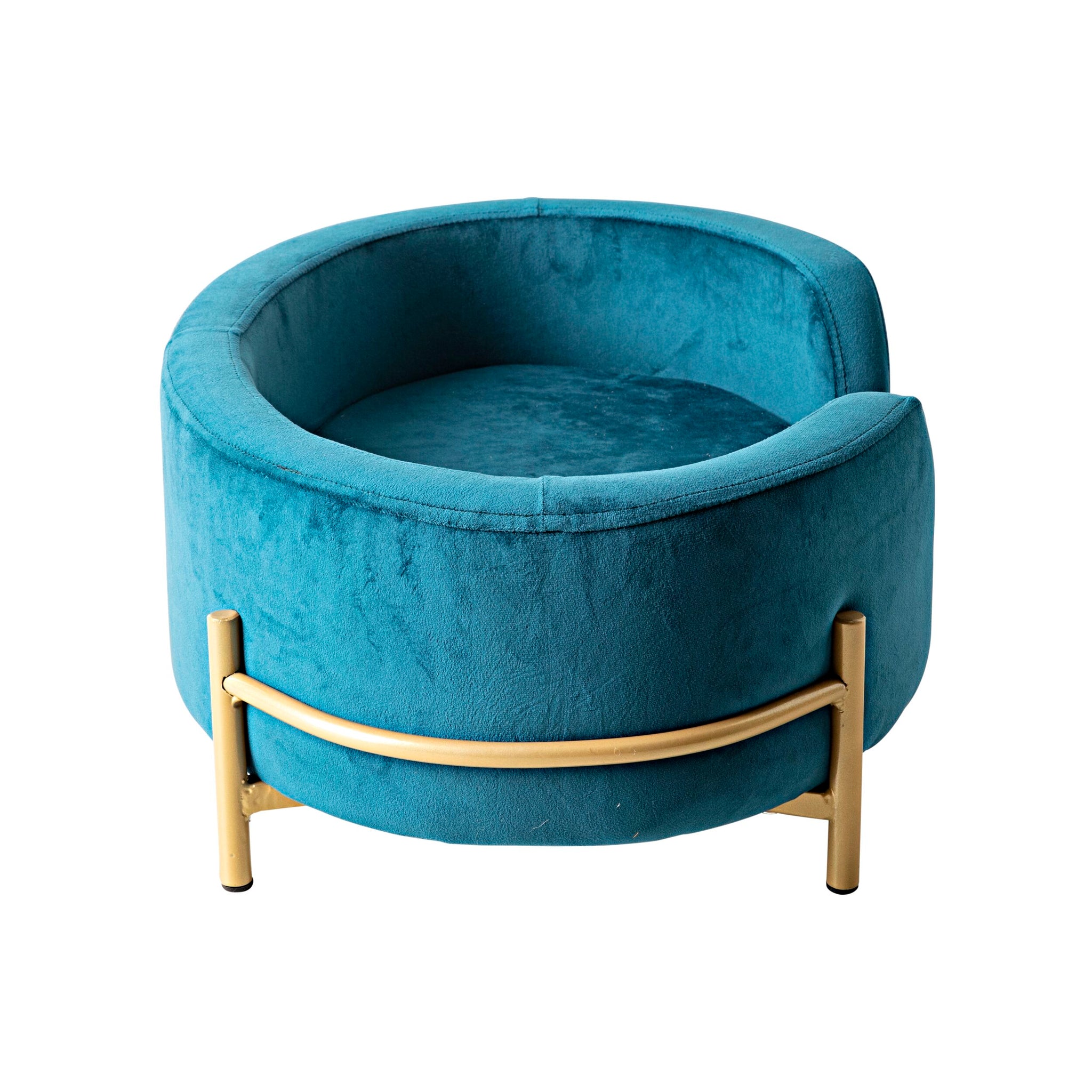 Oval velvet pet bed in teal blue with a gold metal frame, measuring 64x41x24cm, adds a luxurious touch reminiscent of an elegant chair to any room.