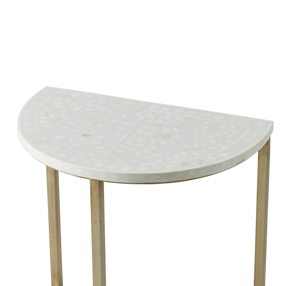 Bone Inlay Half Moon Side Table Beige with Gold Frame 53cm