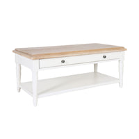 The Clover 1 Drawer Timber Coffee Table has a light wood top, white frame, central drawer with two knobs, and a lower open shelf—an elegant addition to any living space.