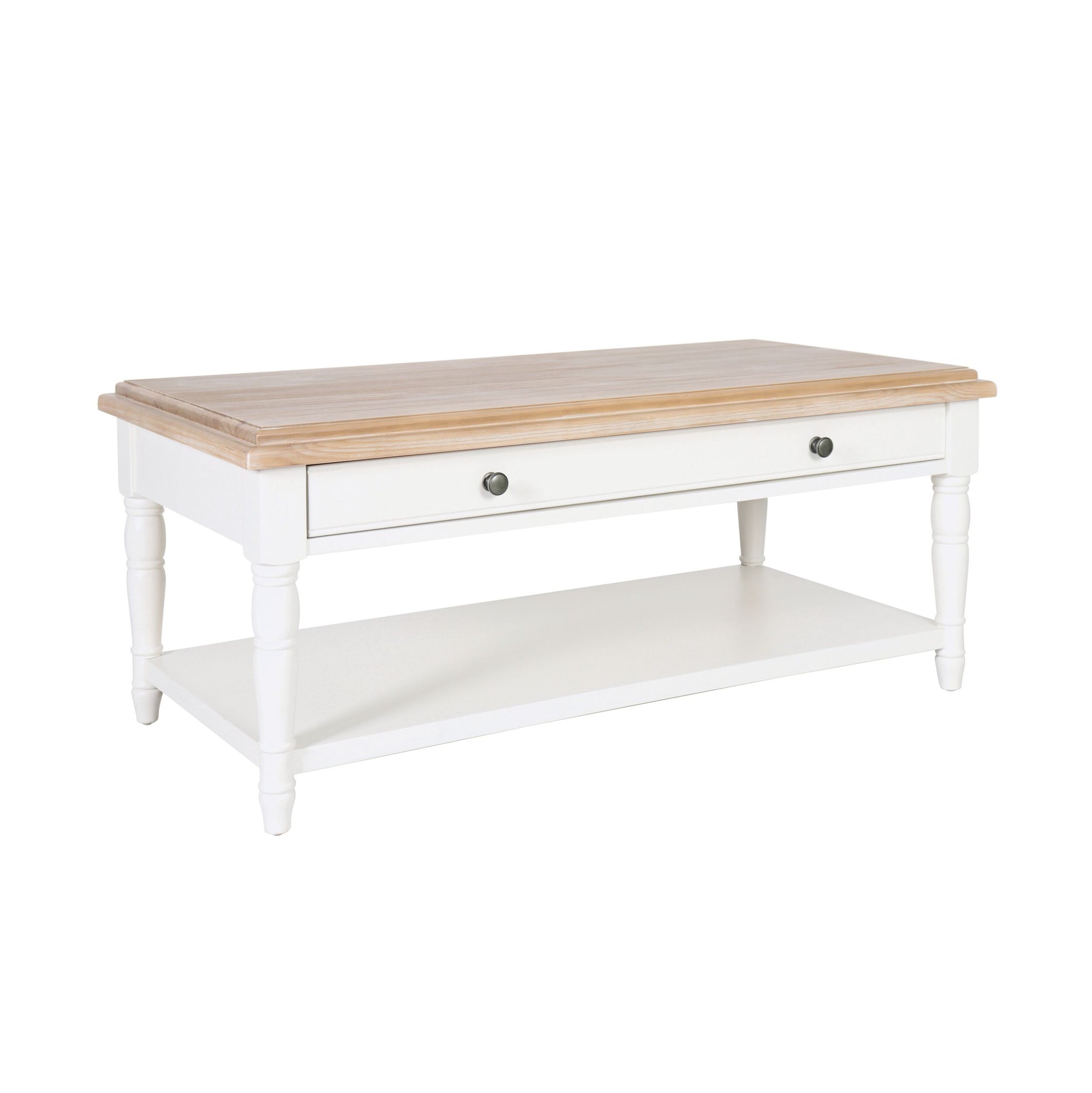 The Clover 1 Drawer Timber Coffee Table has a light wood top, white frame, central drawer with two knobs, and a lower open shelf—an elegant addition to any living space.