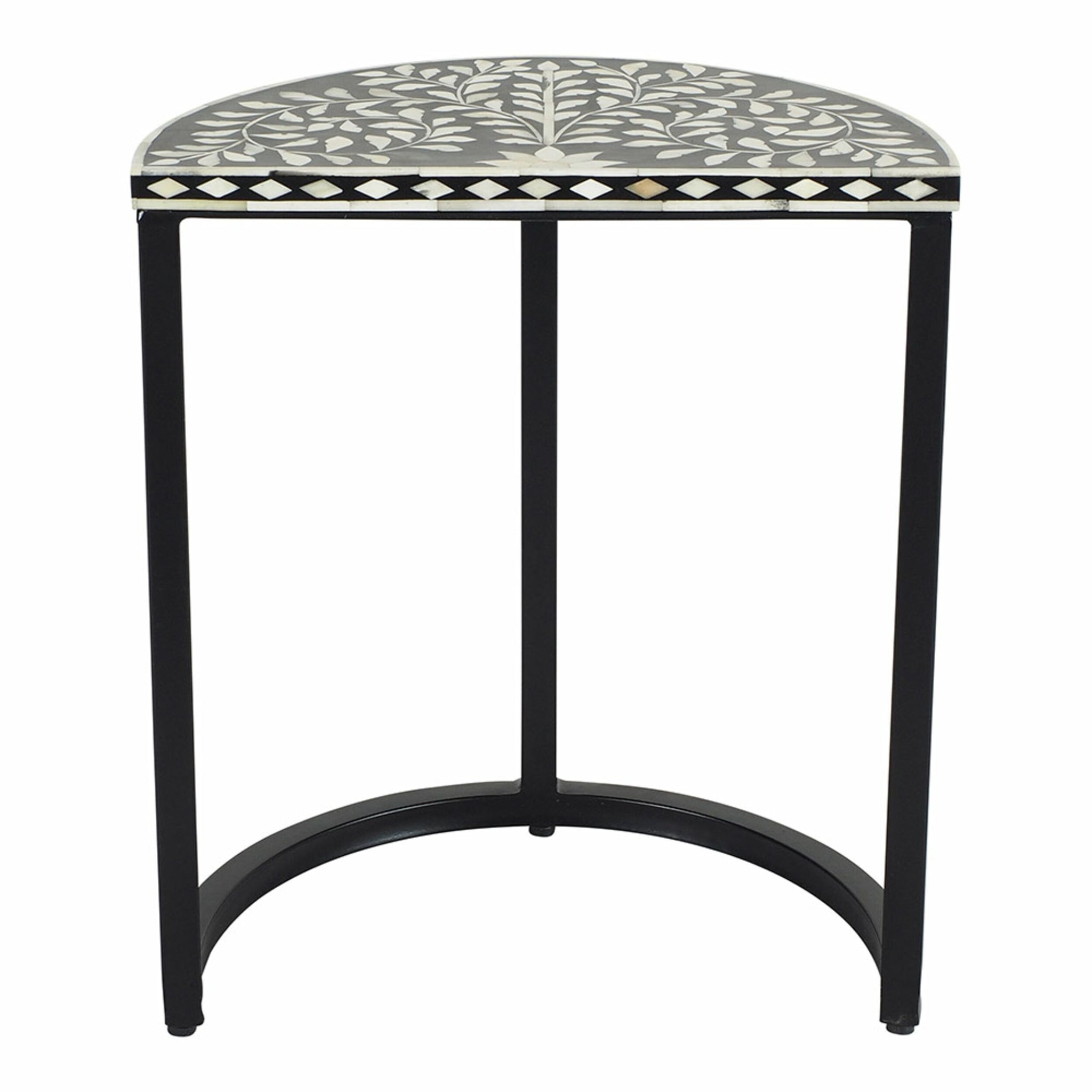 Bone Inlay Half Moon Side Table Black with Black Frame 53cm