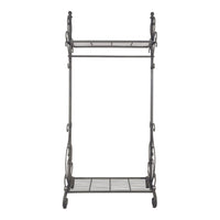 The Arlette Coat Rack Rail is an antique silver standing shelf featuring ornate side designs and three iron-crafted tiers.
