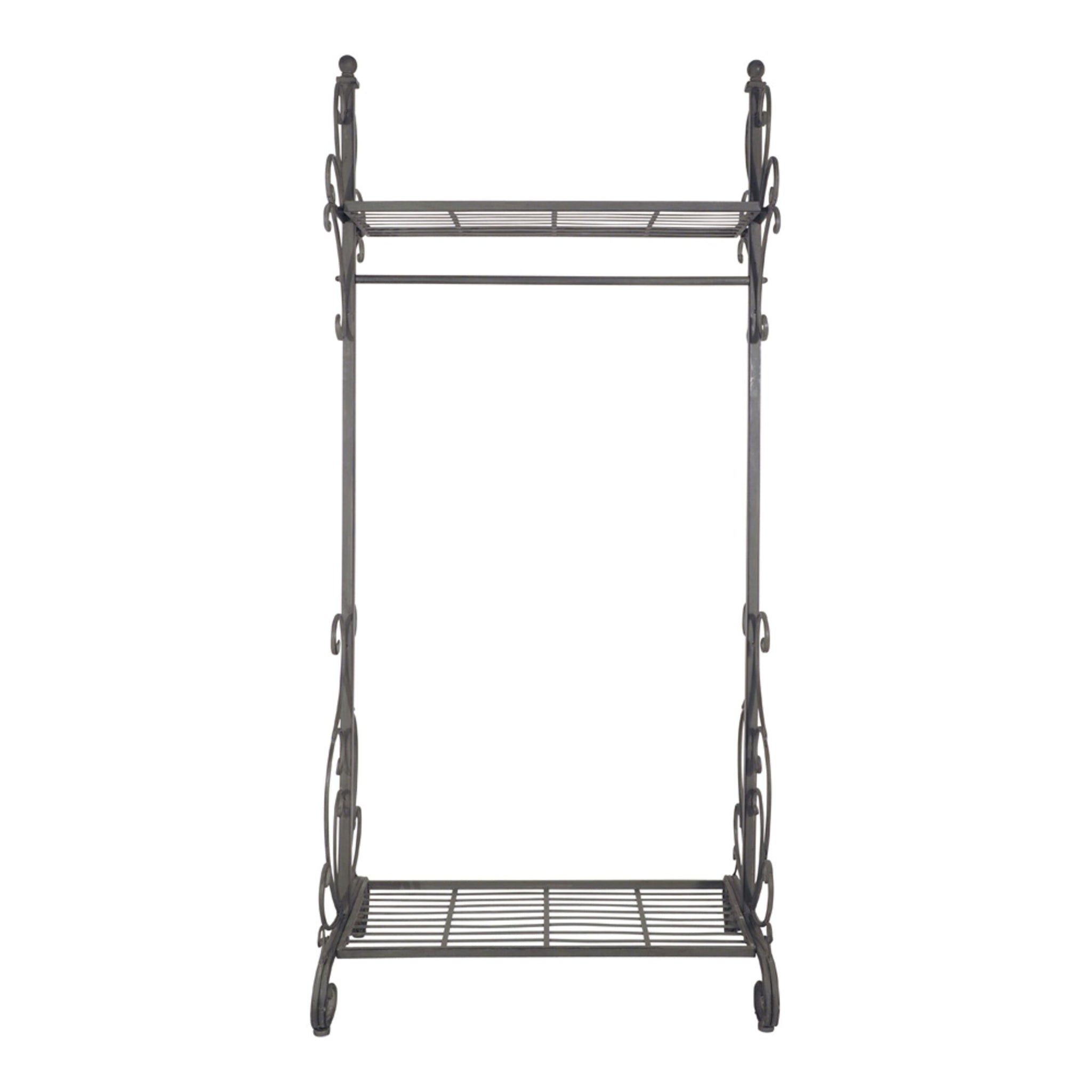 The Arlette Coat Rack Rail is an antique silver standing shelf featuring ornate side designs and three iron-crafted tiers.