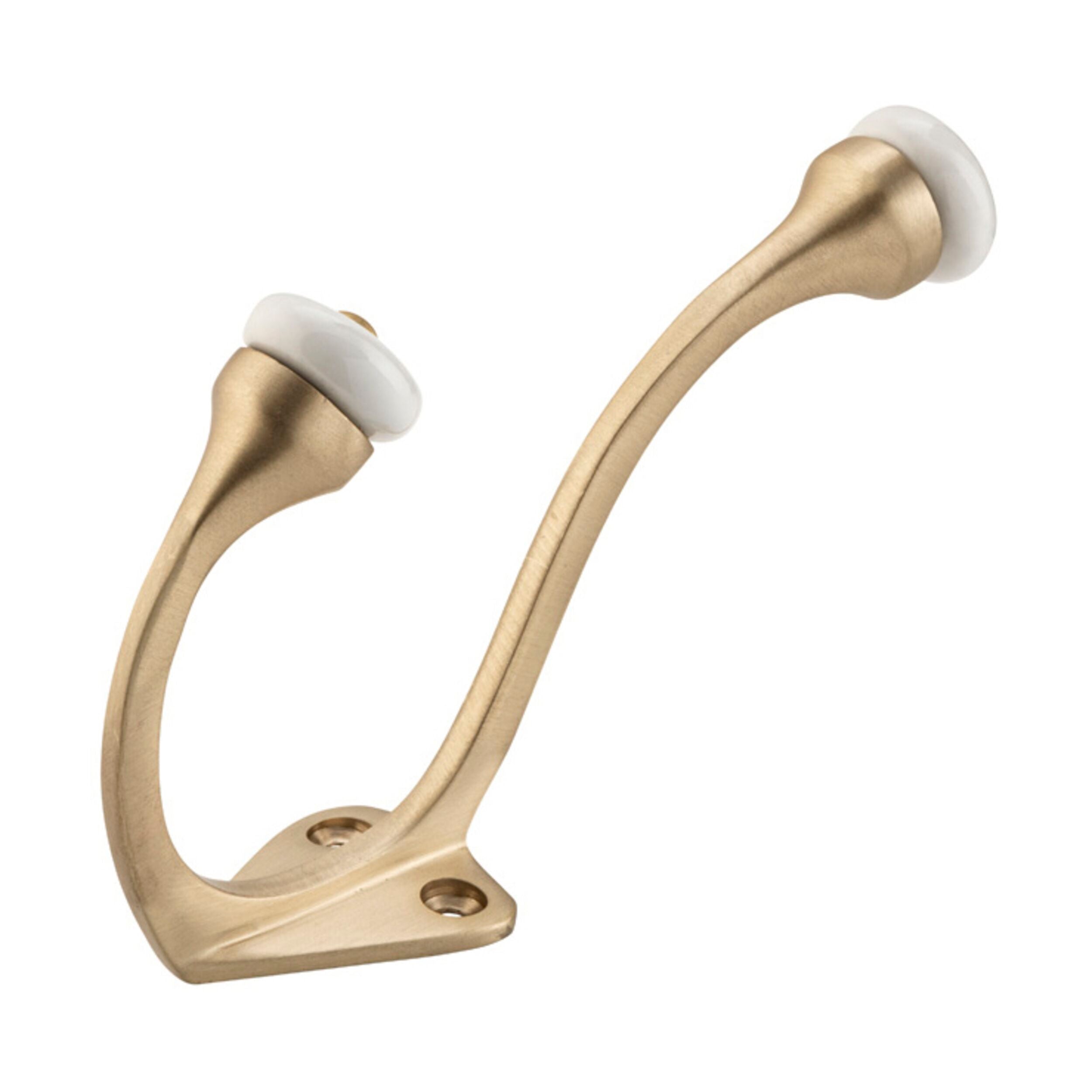 6705 Hat & Coat Hook Porcelain Tip Satin Brass H115xP75mm