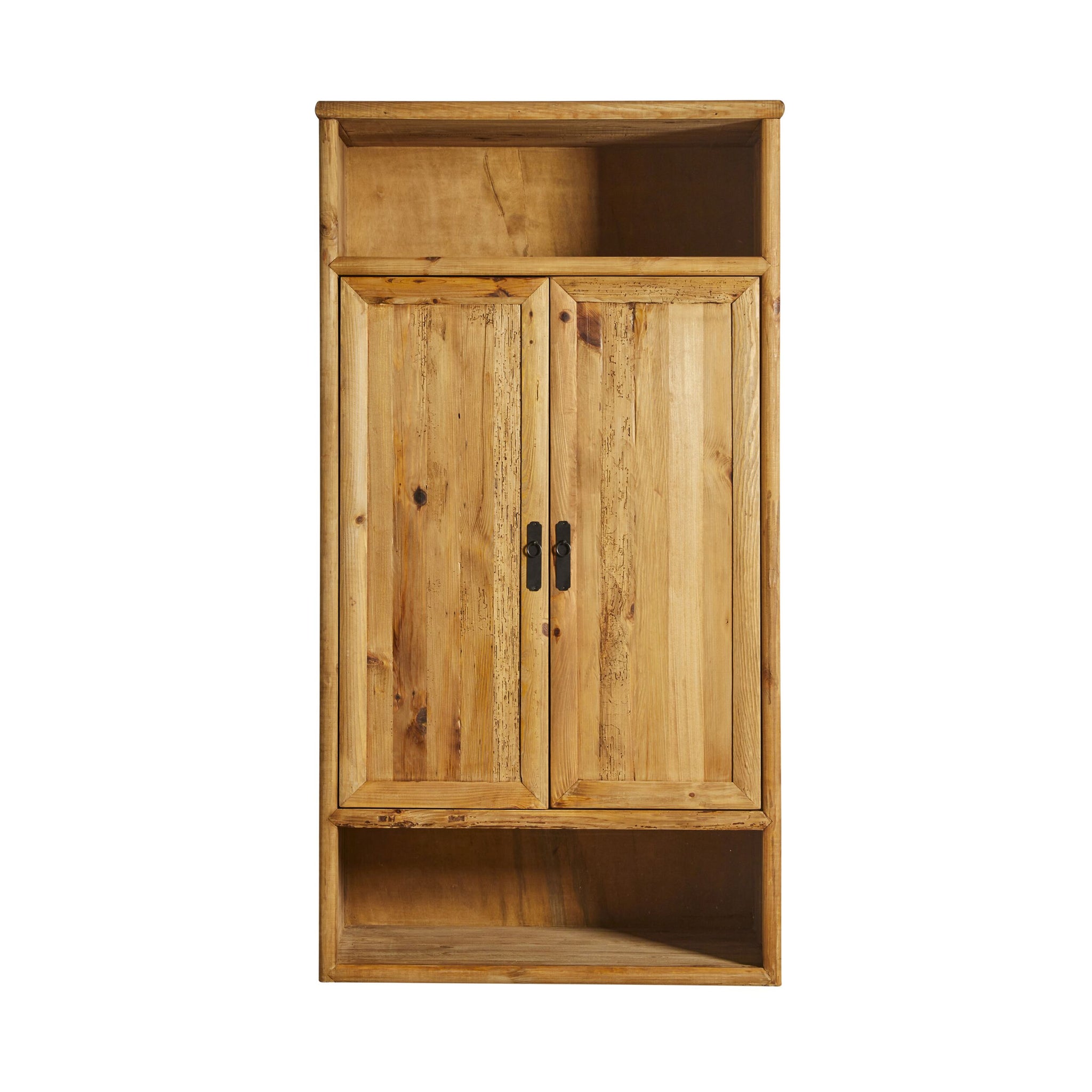 The Kalise 2 Door Wardrobe features black handles, an open shelf above, an angled open shelf below, and is crafted from recycled pine with a smooth lacquered finish.