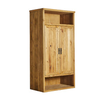 The Kalise 2 Door Wardrobe is a tall cabinet made from recycled pine, featuring two doors with metal handles, an open upper shelf, and a larger open lower shelf.