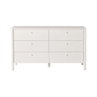The Spintara 6 Drawer Low Chest White features a minimalist design with rounded edges, crafted from pine timber. It is shown against a plain white background.