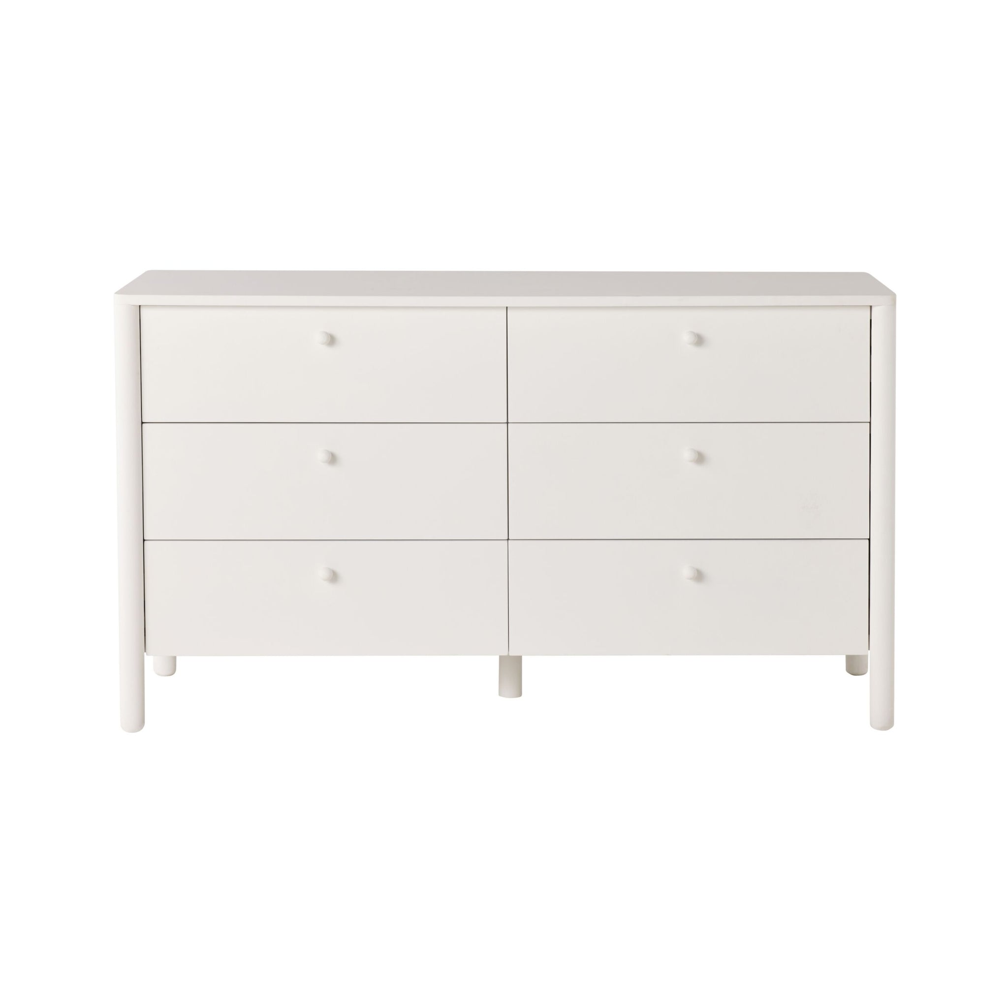 The Spintara 6 Drawer Low Chest White features a minimalist design with rounded edges, crafted from pine timber. It is shown against a plain white background.