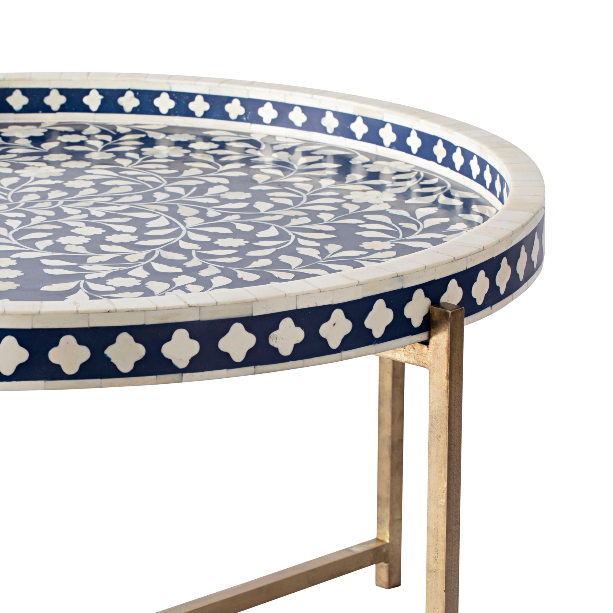 Bone Inlay Round Coffee Table Blue with Gold Frame 75cm