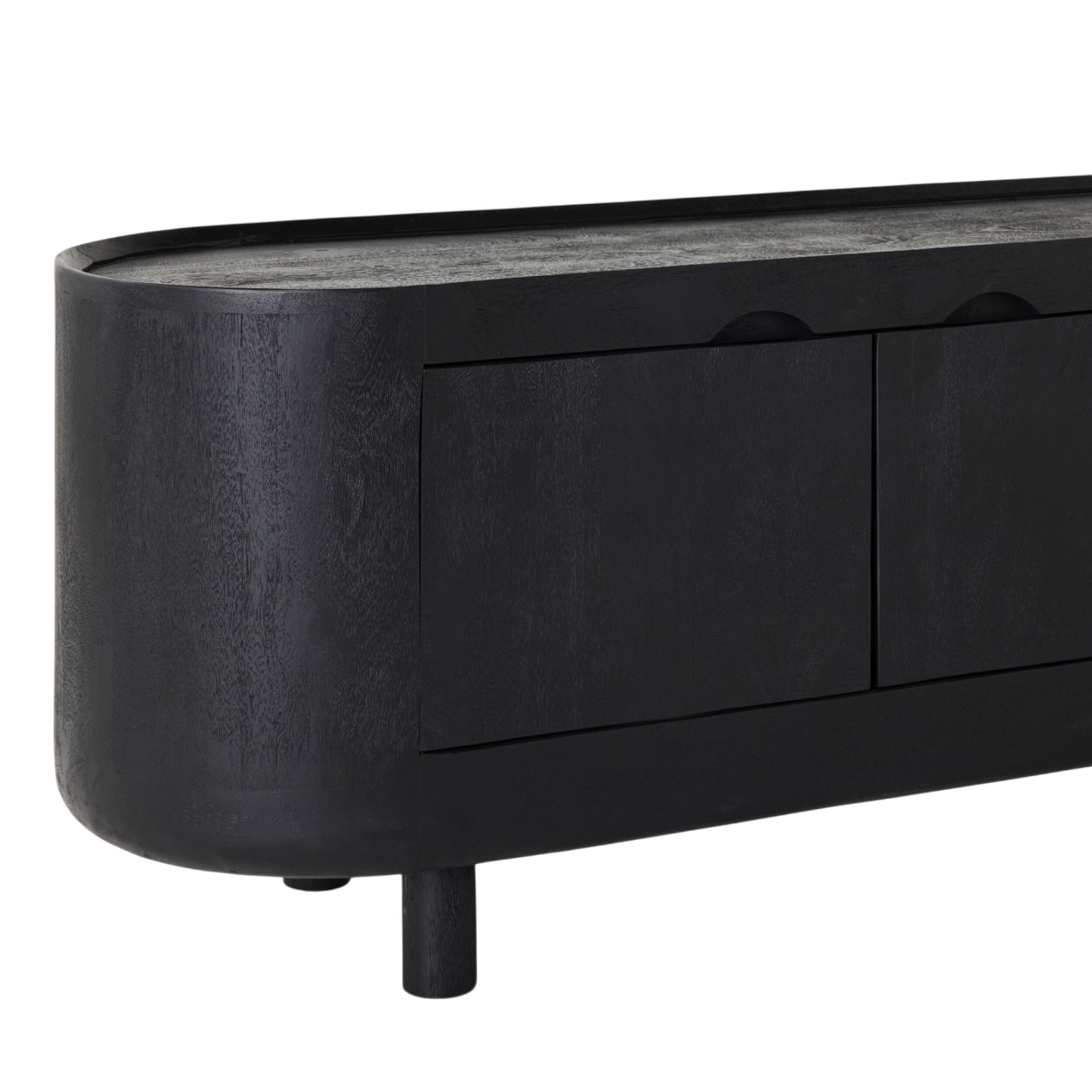 Introducing the Aurora Entertainment Unit Black, an oval-shaped wooden sideboard with a sleek sandblasted finish, smooth rounded edges, two media storage cabinet doors, and three sturdy legs.
