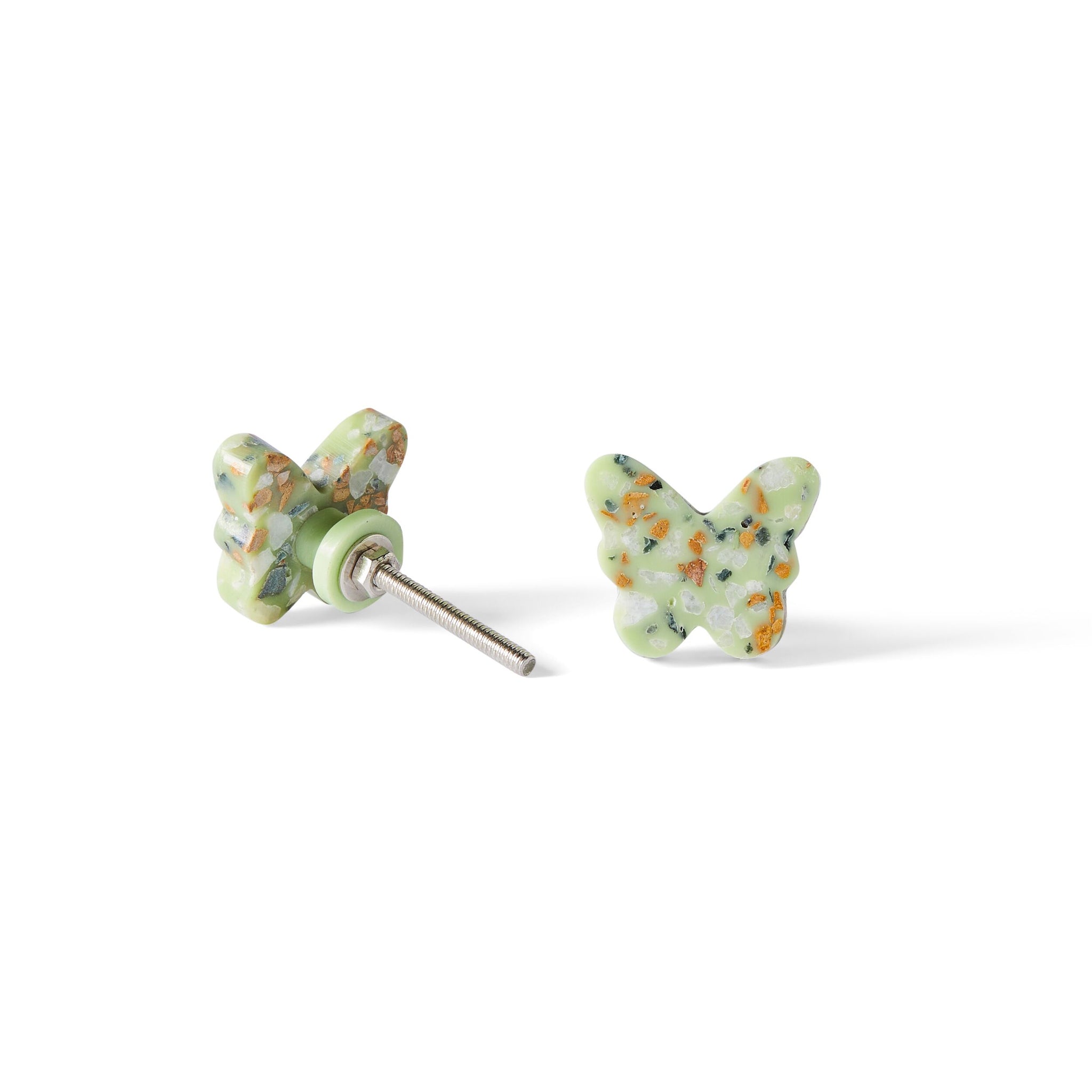 The Speckle Green Butterfly Knob 3.7cm, featuring a terrazzo-inspired green and multicolor speckled design, is shown against a white background—one knob upright and another displaying its post.
