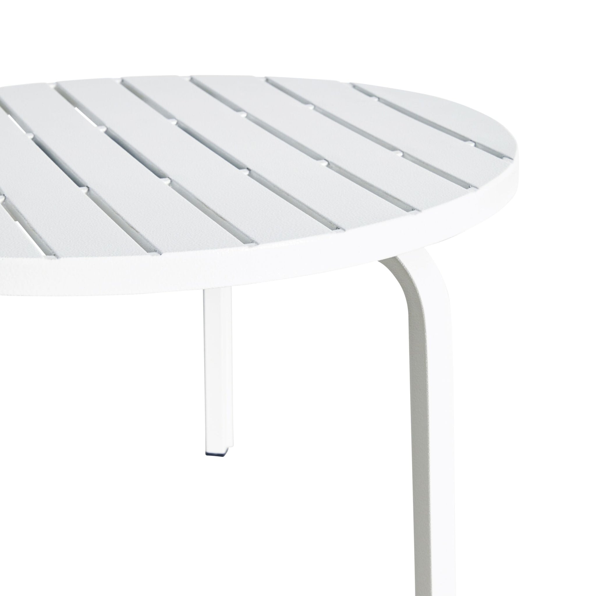 The Kace Outdoor Coffee Table 65cm White features a slatted round surface and thin legs, crafted from powder-coated galvanized steel.
