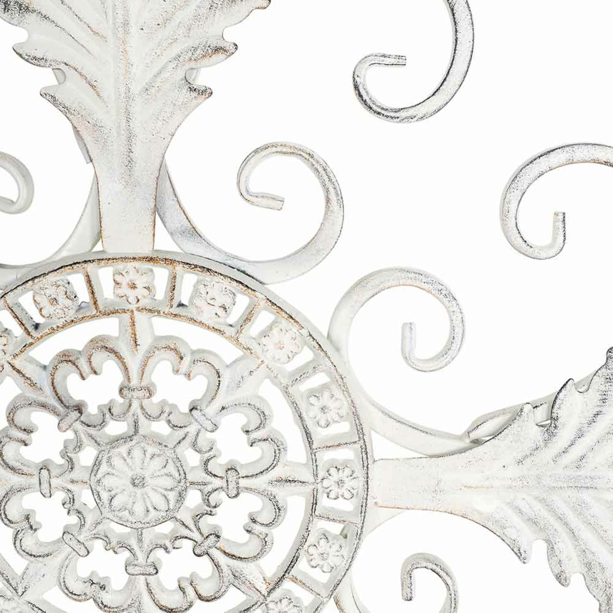 The Swirl Wall Hanging (93x1x93cm) features an intricate antique white wrought iron design with floral and leaf patterns, perfect for adding elegance to any space.