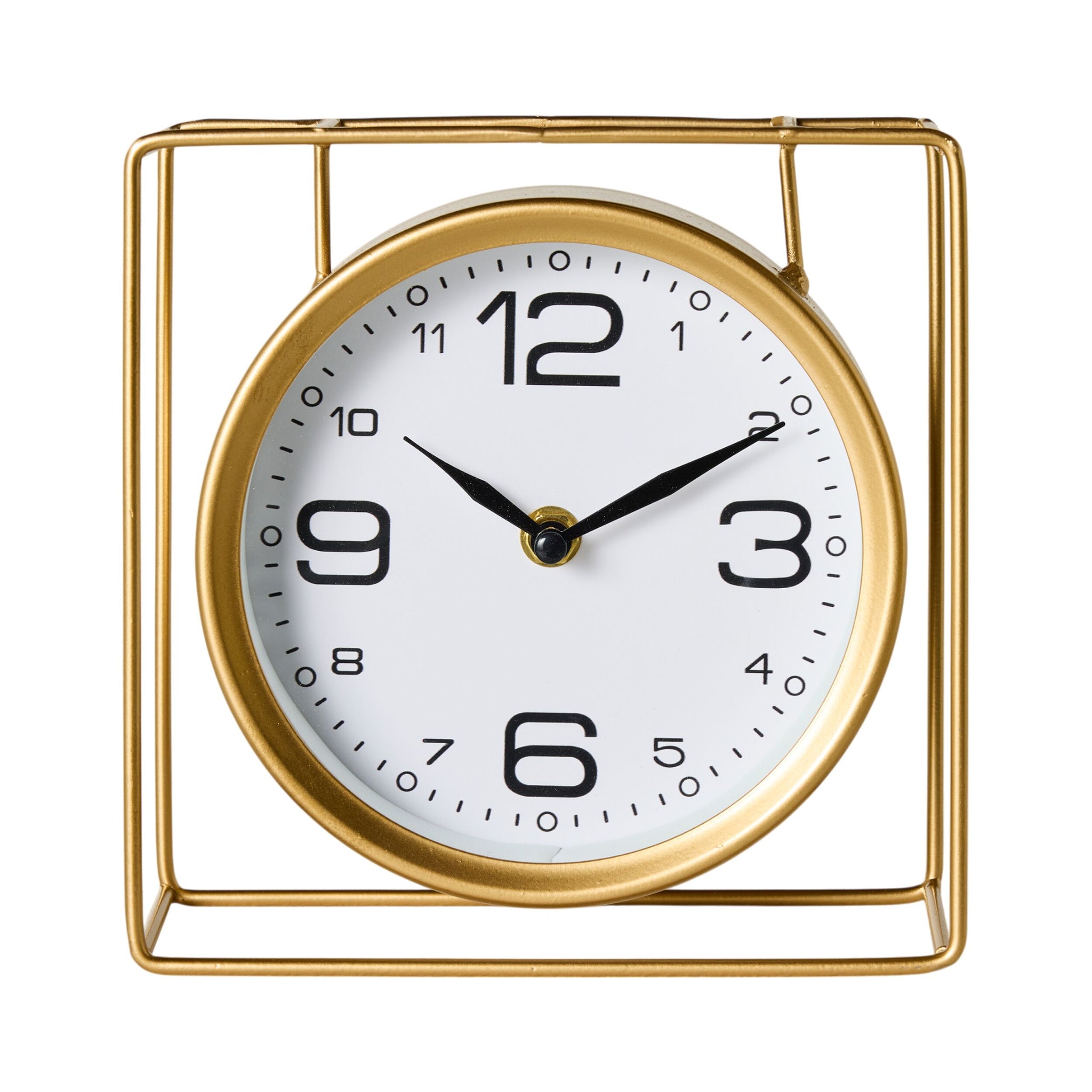 The Caged Mantel Clock Gold 18x18x7cm features a round gold face with black numbers, set at 10:10, and is enclosed in a minimalist gold wire stand for a modern look.