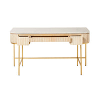 The Deva Large Desk 150 x 79 x 61cm features a rectangular design, mango wood finish, marble top, gold metal legs, and a central front drawer.