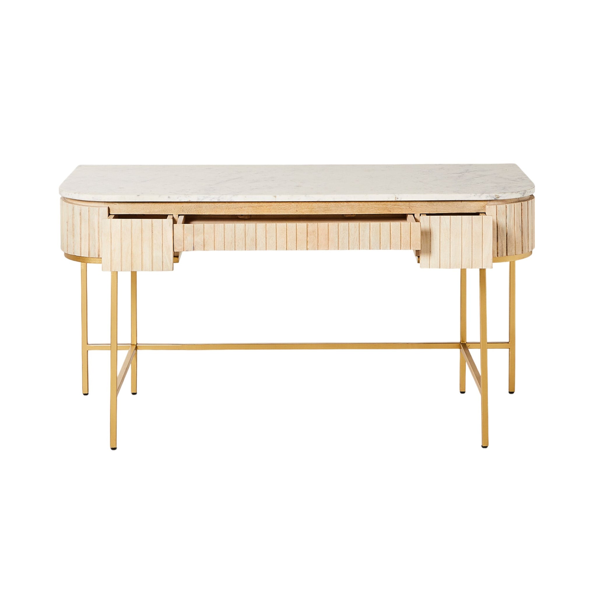 The Deva Large Desk 150 x 79 x 61cm features a rectangular design, mango wood finish, marble top, gold metal legs, and a central front drawer.