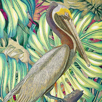 A detailed pelican illustration with vibrant feathers sits amid large green leaves, exuding a calming and tropical feel akin to the Jungle Pelican Framed Canvas Print 100x100cm.