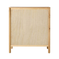 A wooden cabinet with a light oak rectangular front panel and four legs, viewed from the front, features a simple, minimal design—perfect as the Spintara 4 Drawer Chest Light Oak to complement your oak bedroom furniture.