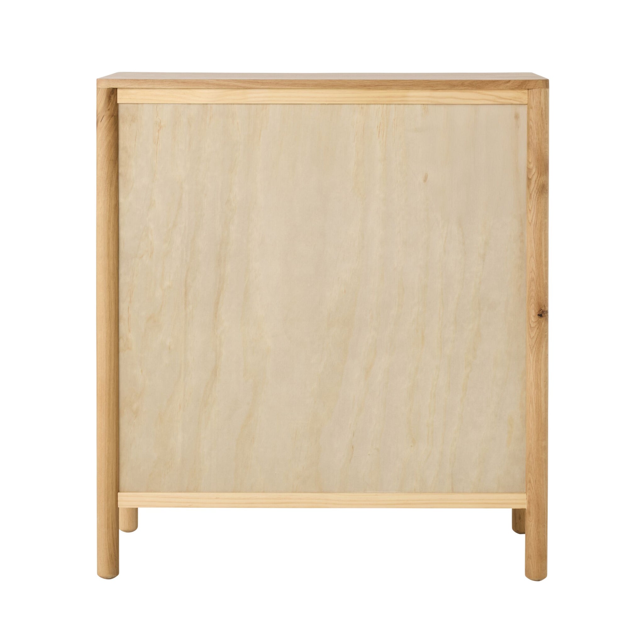 A wooden cabinet with a light oak rectangular front panel and four legs, viewed from the front, features a simple, minimal design—perfect as the Spintara 4 Drawer Chest Light Oak to complement your oak bedroom furniture.